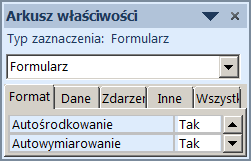 Arkusz właściwości Autocenter