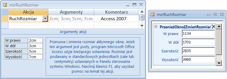 Okna projektu makra