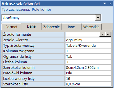 cboGminy - arkusz właściwości