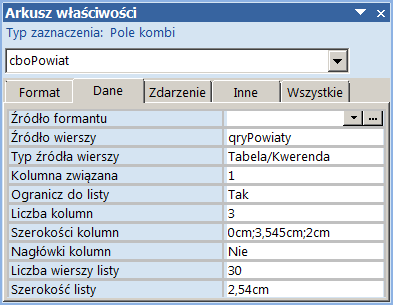 cboPowiaty - arkusz właściwości
