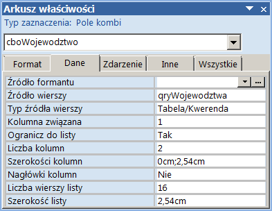 cboWojewództwa - arkusz właściwości
